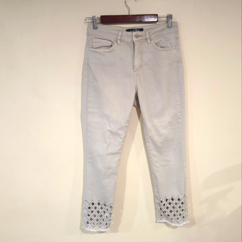 Joseph Ribkoff Cream Ankle Cropped Jeans with Decorative Hem